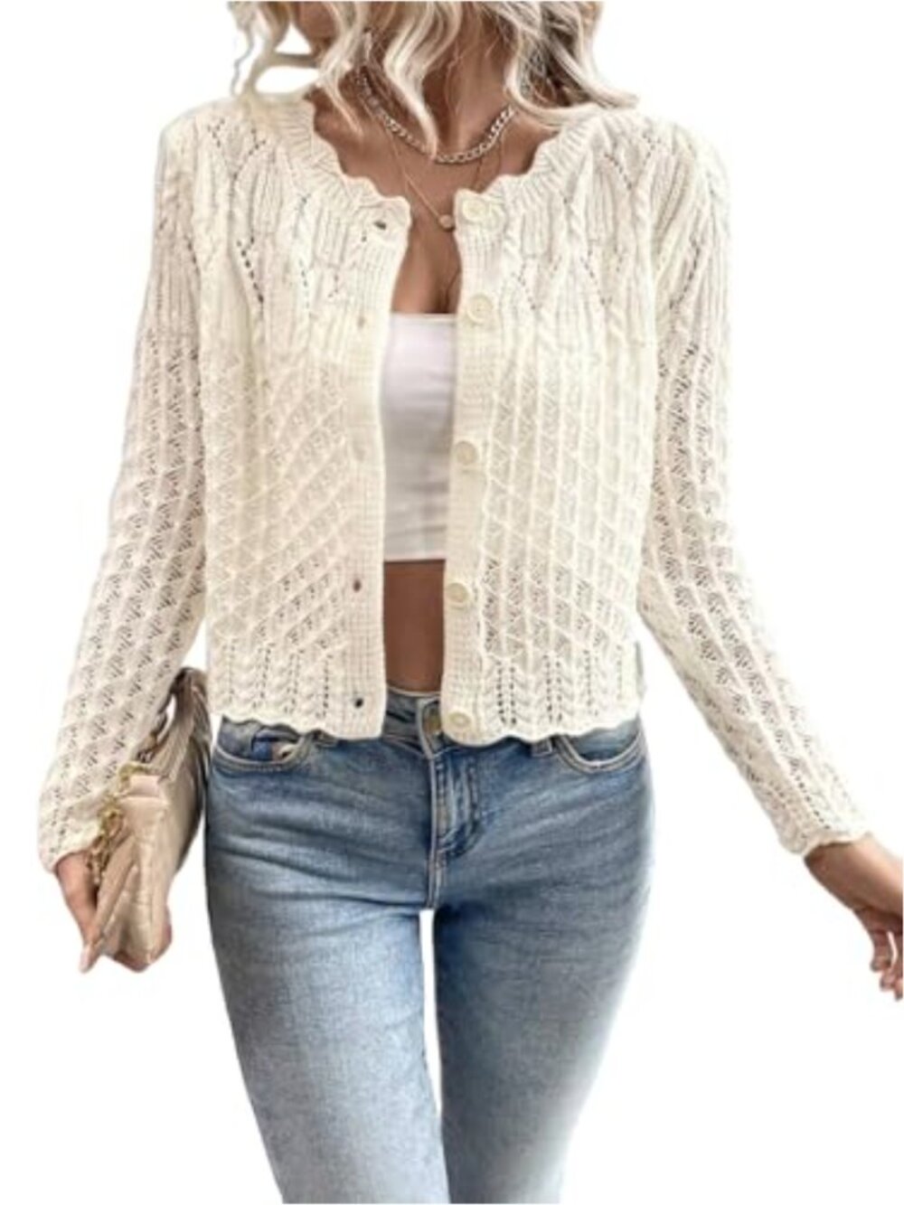 Women's Cropped Cardigan Sweater Long Sleeve Button Front Fall Knit Top